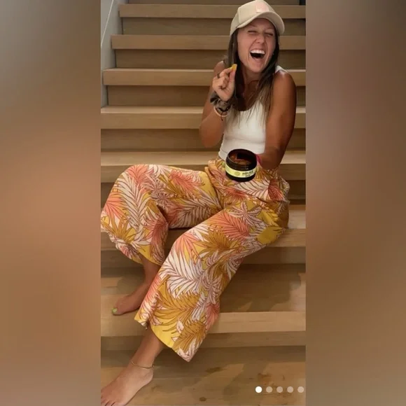 New Tahari Wide Leg Palm Tree Leaf Fern 100% Washable Linen Pants Trousers - Picture 2 of 13